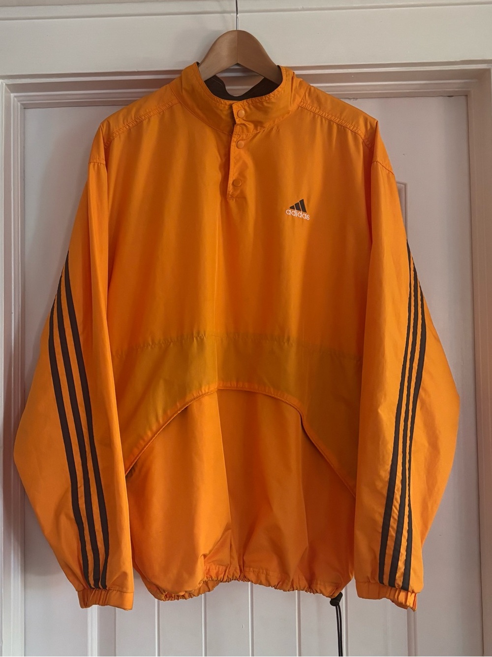 ADIDAS VINTAGE Men’s Bright Orange Pullover Windbreaker with Black Stripes Y2K